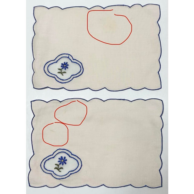 Vintage Linen Cocktail Napkins - Blue Embroidered Floral - Set of 6 – Scalloped Edge (Portugal) For Sale In Louisville - Image 6 of 6