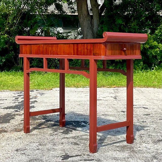 Boho Chic Late 20th Century Vintage Reclaimed Wood Tall Pagoda Console Table For Sale - Image 3 of 13