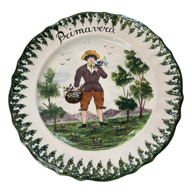 Green Set of Four Vintage Italian Hand-Painted Faience "Four Seasons" Ceramic Plates For Sale - Image 8 of 12