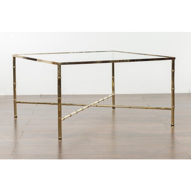 Italian Midcentury Brass Coffee Table with Glass Top and X-Form Cross Stretcher For Sale - Image 11 of 12