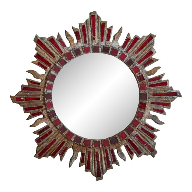 French Sunburst Wall Mirror with Red Talosel Inlay by Irena Jaworska, 1960s For Sale