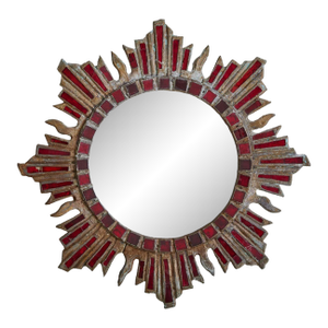 French Sunburst Wall Mirror with Red Talosel Inlay by Irena Jaworska, 1960s