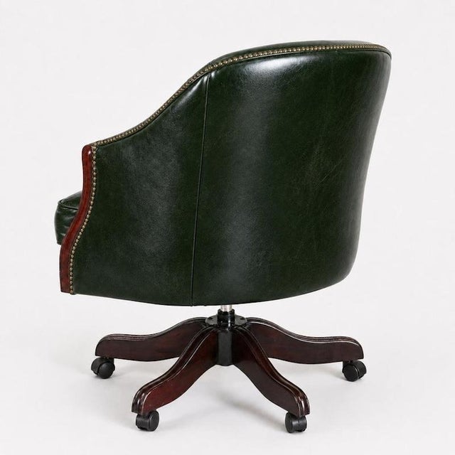 Metal Vintage Racing Green Leather Swivel Desk Chair Mahogany-Toned Base and Nail Trim, 1990s For Sale - Image 7 of 10