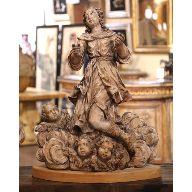 Wood Pair 18th Century Italian Baroque Carved Painted Wood Adoring Angel Sculptures For Sale - Image 7 of 16