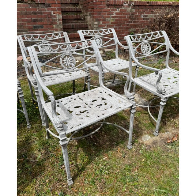 Set of 6 Vintage Cast Aluminum Outdoor Star and Dolphin Armchairs For Sale - Image 4 of 6