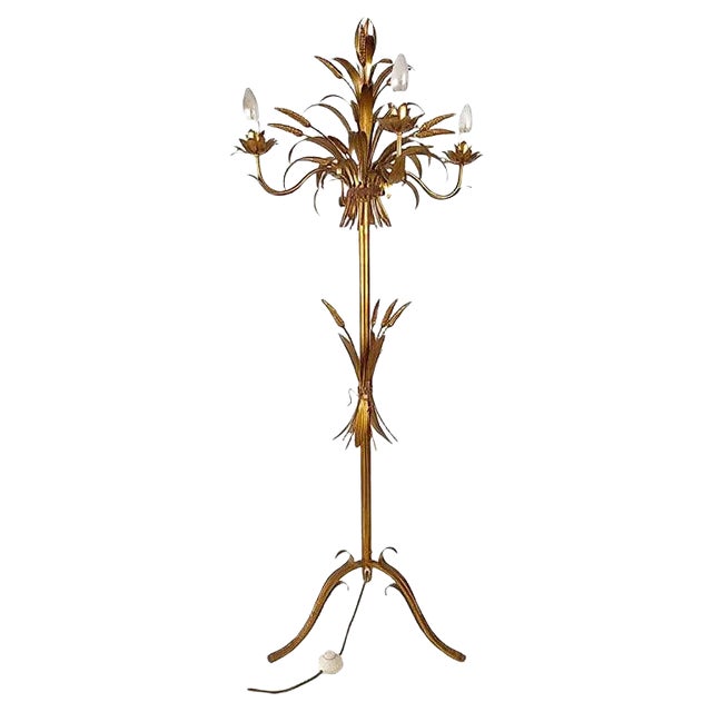 Italian Gilt Metal Candelabra Floor Lamp with Sheaf of Wheat Motif, 1963 For Sale