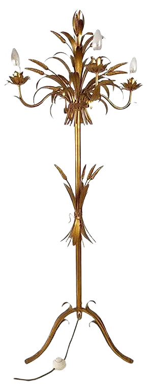Italian Gilt Metal Candelabra Floor Lamp with Sheaf of Wheat Motif, 1963