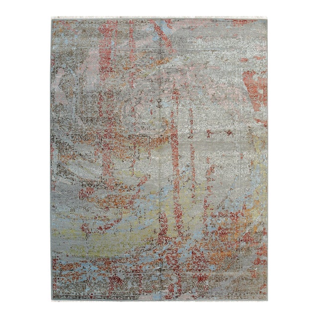 Rustic Fiona Gray Hand-Knotted Wool Rug Carpet, Abstract Allover Design Indian For Sale