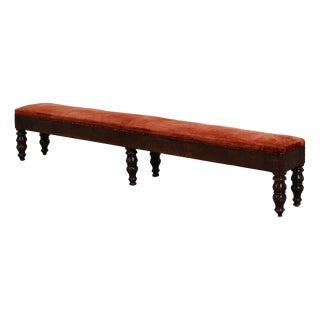 Large Antique French Oak Bench with Velvet Upholstery, 1700s For Sale