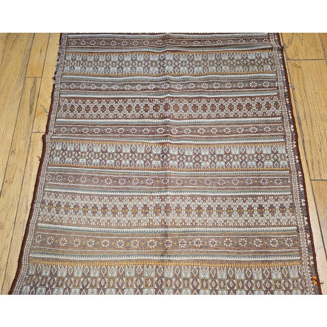 Antique Uzbek Tribal Soumak Kilim, Handwoven Stripe Pattern, Brown & Gold, 4x7 For Sale - Image 10 of 16