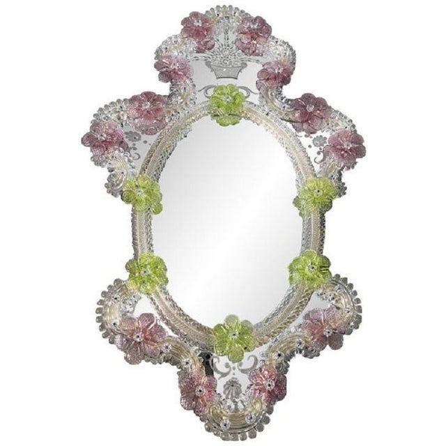 Venetian Oval Green and Pink Floral Hand-Carved Mirror by Simoeng, 2000s, in New conditions. Designed from 2000