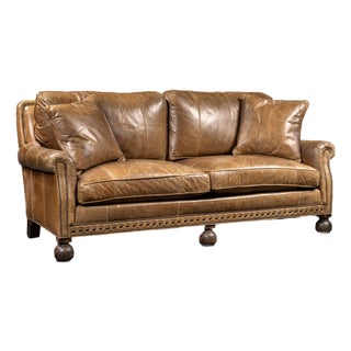 Mid 20th Century Distressed Leather Nailhead Sofa in Tan With Turned Bun Feet For Sale