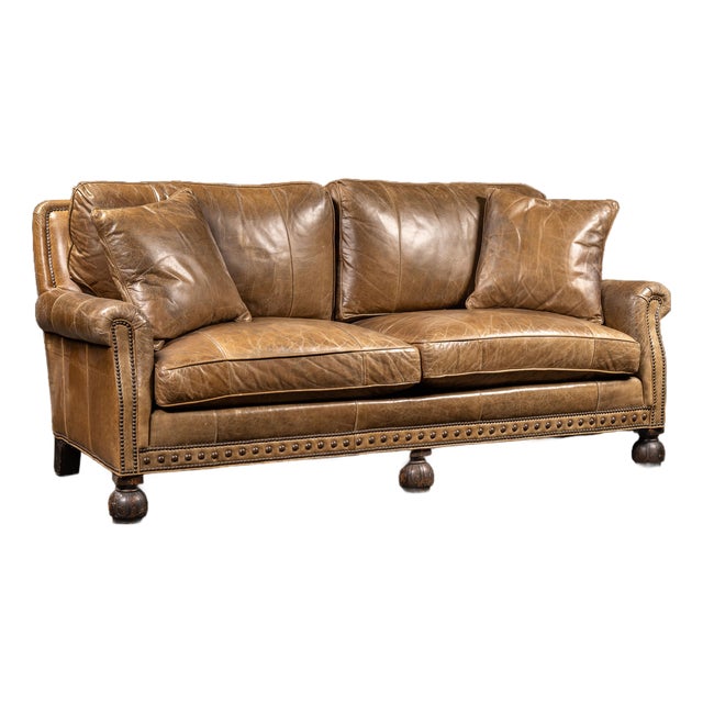 Mid 20th Century Distressed Leather Nailhead Sofa in Tan With Turned Bun Feet For Sale