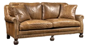 Mid 20th Century Distressed Leather Nailhead Sofa in Tan With Turned Bun Feet