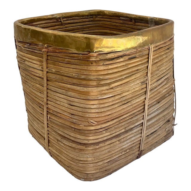 Decorative Basket in Rattan and Brass, Italy, 1960s For Sale