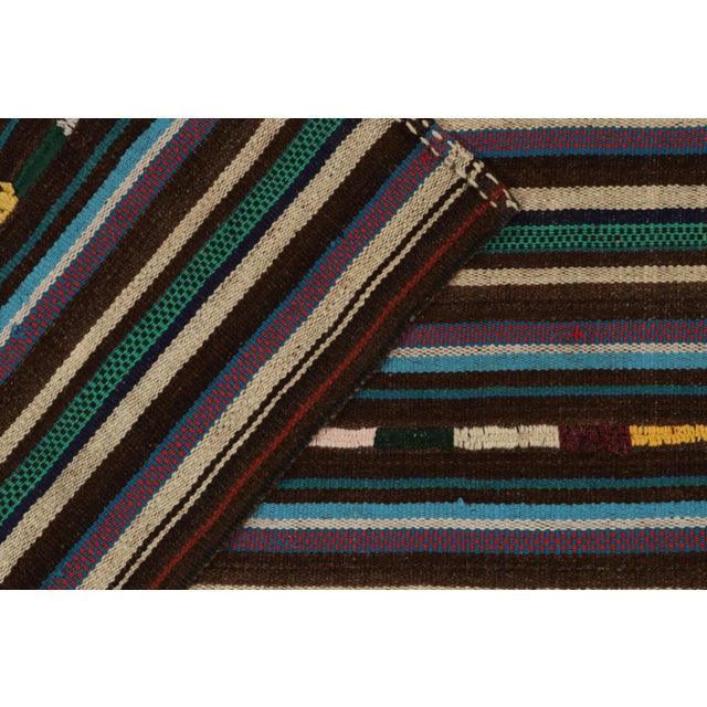 1950s Vintage Chaput Kilim Rug in Beige-Brown, Blue Stripe Gradient Pattern For Sale In New York - Image 6 of 7