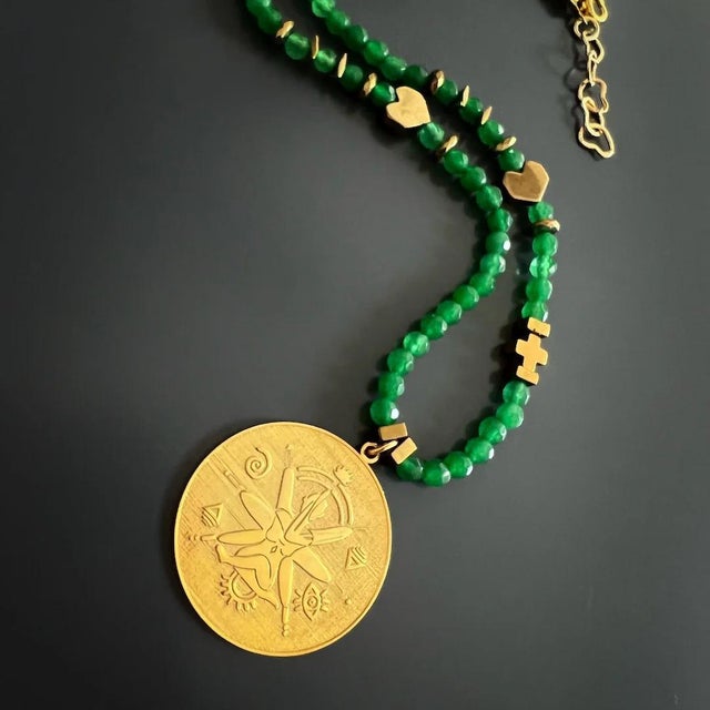Early 21st Century Green Jade Stone Spiritual Soul Gold Medallion Pendant Necklace For Sale - Image 5 of 16