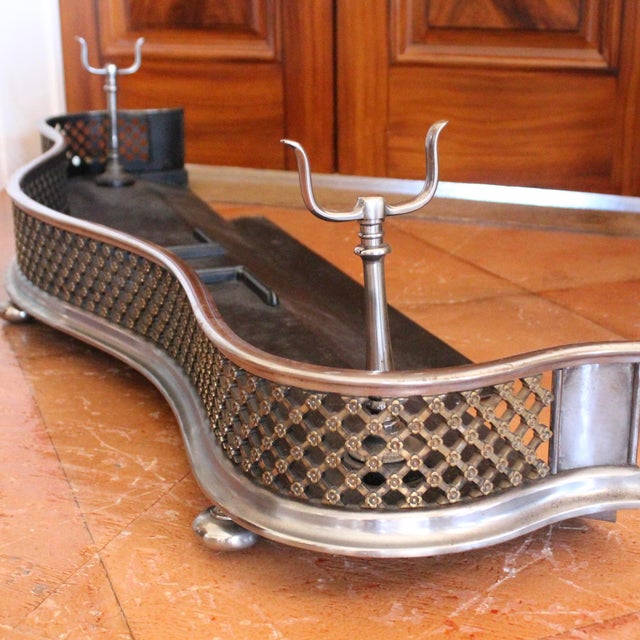 19th Century Antique English Polished Steel and Brass Fretwork Fender With Built in Tool Rests For Sale - Image 5 of 13