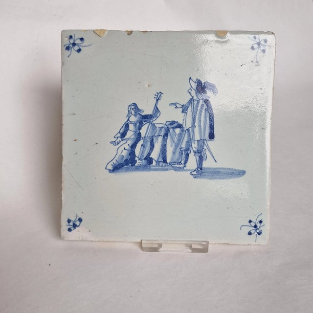 17th Century Dutch Delft Tile with Bass Player by Pytter Grauda, Harlingen, Friesland, 1630 For Sale - Image 5 of 8