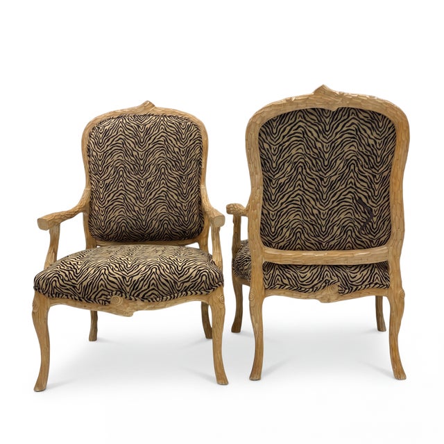 Italian Carved Faux Bois Cerused Bergère Chairs in Zebra Fabric - Pair For Sale In Atlanta - Image 6 of 7