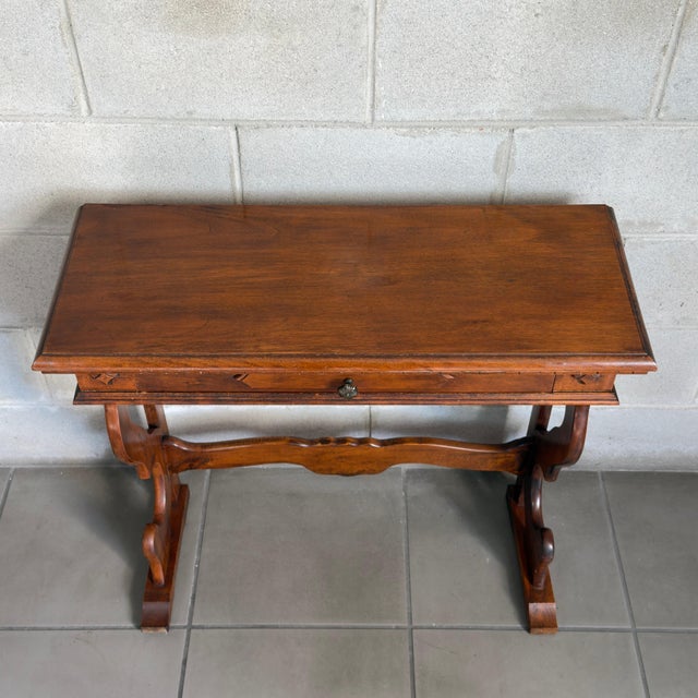 Vintage Wood Refectory Console Table with Drawer and Lyre Legs For Sale - Image 5 of 11