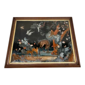 Early Chinese Export Reverse Glass Painting Depicting Deer, Monkeys & Wildlife Qing Dynasty