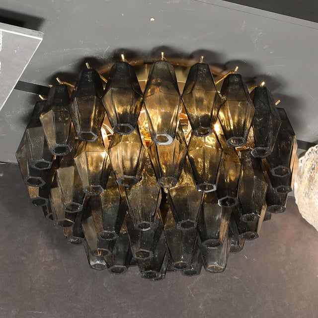 Modernist Handblown Murano Smoked Glass Polyhedral Flush Mount W/ Brass Fittings For Sale - Image 10 of 16