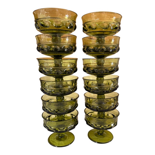 Vintage Indiana Green Glass Kings Crown Thumbprint Dessert Cups/Dishes - Set of 12 For Sale