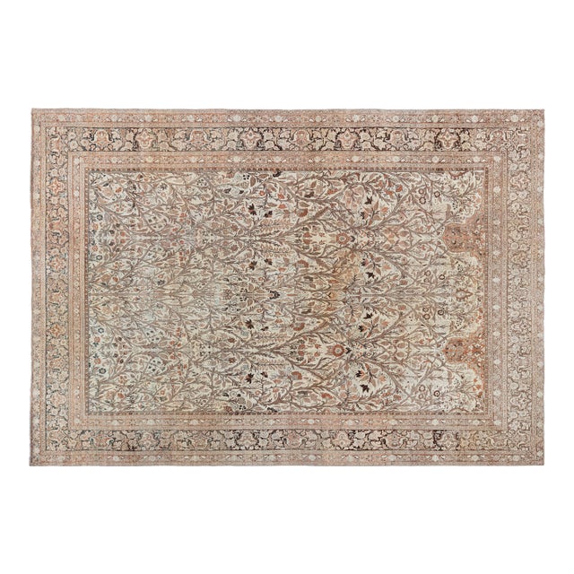 19th Century Persian Tabriz Beige and Brown Handwoven Wool Rug For Sale