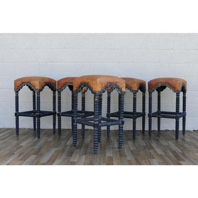 Set of 5 Vintage Leather Bar Stools With Spindle Legs & Nailhead Trim | Spanish Revival / Mediterranean Style For Sale In Los Angeles - Image 6 of 18