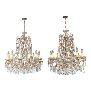 Antique French Italian Crystal Chandeliers Brass Rococo Style Restored - a Pair For Sale