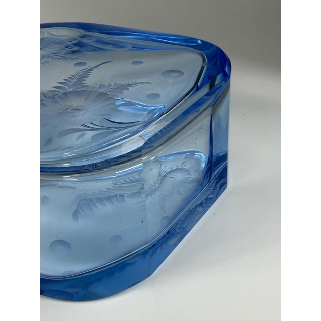 Glass Art Deco Czech Blue Glass Decanter with Hand-Engraved Floral Decoration, 1930s For Sale - Image 7 of 12