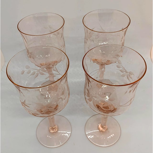 Vintage, pink, depression, wine glasses, set of four. Cut floral design with optic glass and smooth stem. I also have four...