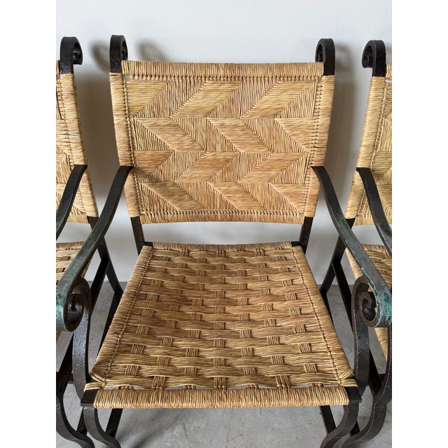 Organic Modern Hand-Wrought Iron & Woven Raffia Armchairs – Set of 4 For Sale In Miami - Image 6 of 13