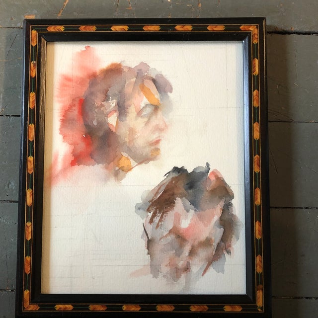 1970s 1970’s Double Male Portrait Watercolor Painting/Drawing Inlaid Wood Frame For Sale - Image 5 of 5