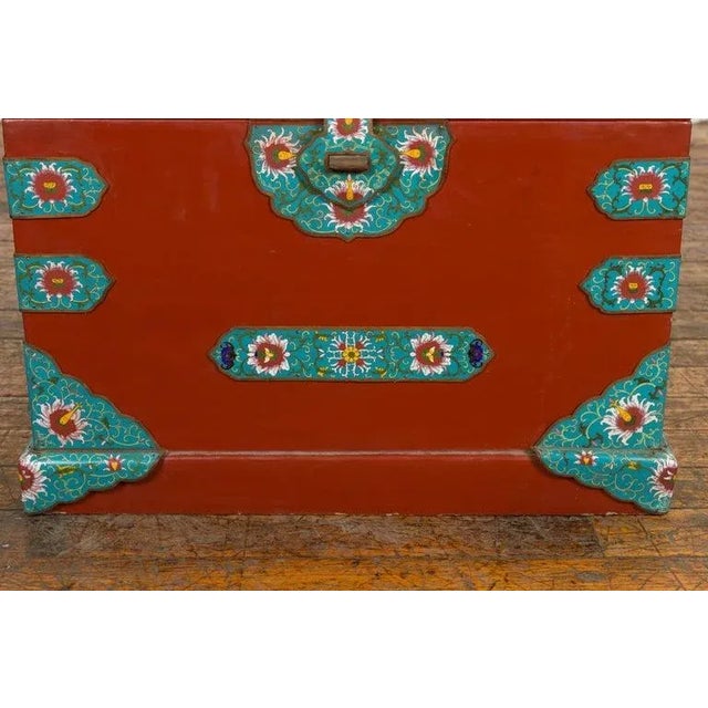 Red Vintage Chinese Blanket Chest with Red Lacquer & Cloisonné Floral Décor For Sale - Image 8 of 13