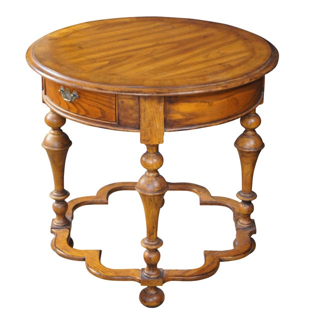 Vintage Hickory Chair Company side / end / accent / center table. Made of oak featuring round form with one drawer and...