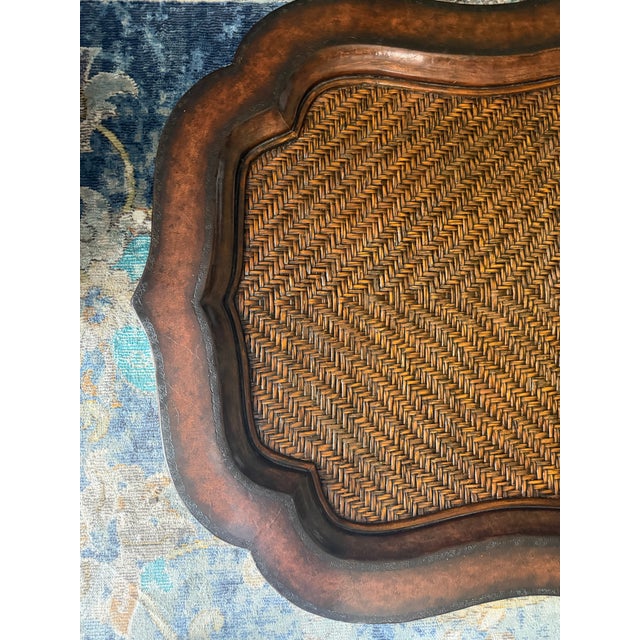 1980s Maitland-Smith Regency Faux Bamboo Base Leather and Wicker Tray Top Coffee Table For Sale - Image 17 of 18