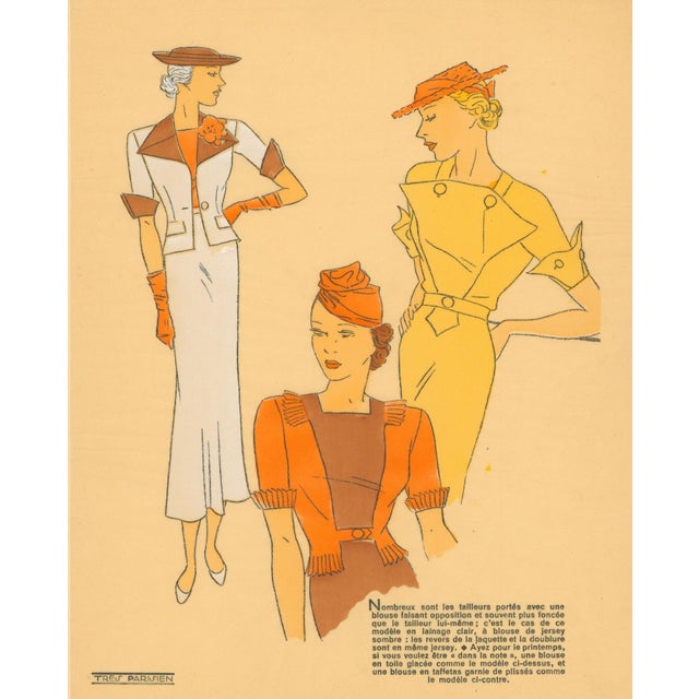 Original French fashion pochoir from Très Parisien showing three sophisticated tailored ensembles with contrasting...