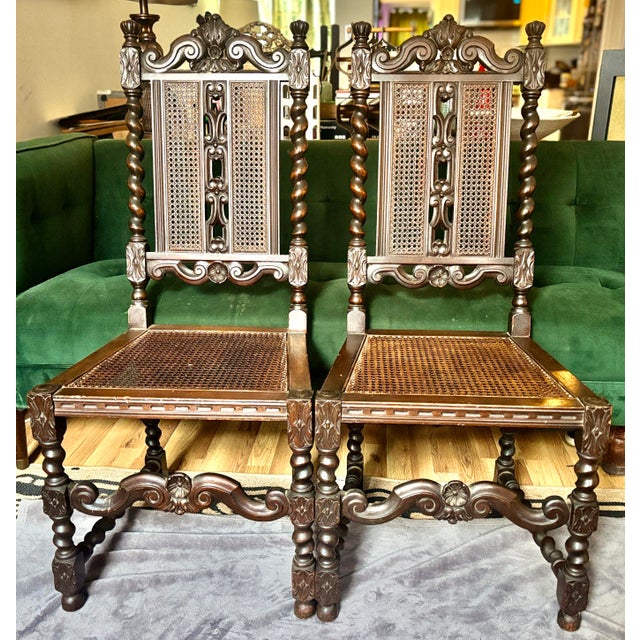 An exceptional set of four Jacobean Revival dining chairs by J.B. Van Sciver Co., Camden, New Jersey, retaining original...