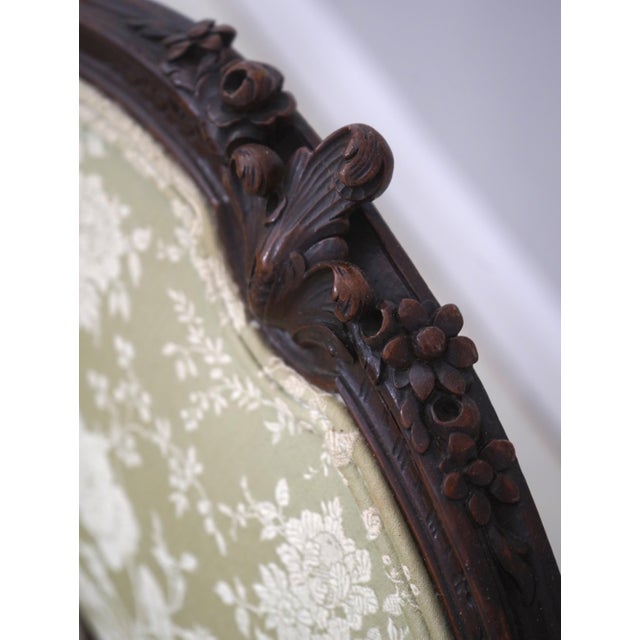 Vintage Walnut Rococo Parlor Settee W. Damask Upholstery For Sale - Image 13 of 18