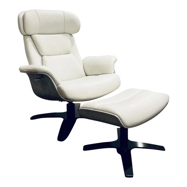 Mod Eames Style Italian White Leather Lounge Chair and Ottoman For Sale