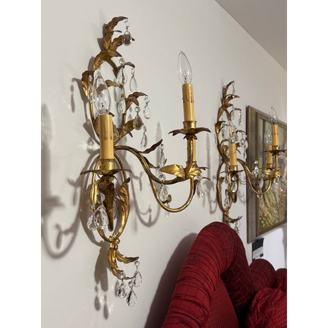 Vintage Italian Florentine Gilt Tole & Crystal Regency Wall Sconces - Pair For Sale - Image 13 of 13