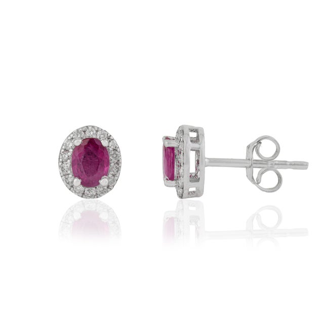 18k White Gold Natural Oval-Cut Vivid Red Ruby & Diamond Halo Stud Earrings- A Pair For Sale - Image 4 of 15