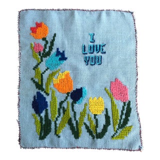 Vintage I Love You Floral Cross-Stitch Textile Art For Sale