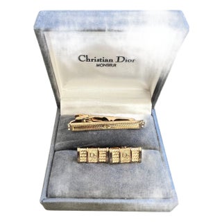 Rare Monsiuer Vintage Christian Dior Gold Plate Cufflinks & Tie Clip In Original For Sale
