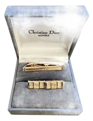 Rare Monsiuer Vintage Christian Dior Gold Plate Cufflinks & Tie Clip In Original