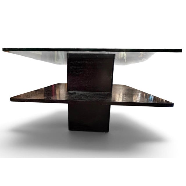 Wood 1980s Postmodern Ebonized Wood & Glass Tiered Geometric Coffee Table For Sale - Image 7 of 8