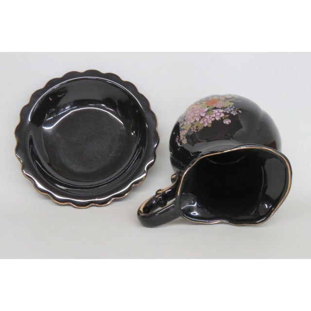 Black Ceramic Pitcher With Matching Underplate 2pc Set Black With Gold Gilt Trim 5029b For Sale - Image 8 of 12