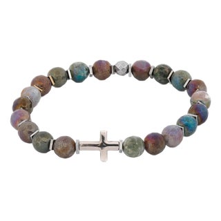 Sterling Silver Cross & Mystic Indian Agate Beaded Bracelet For Sale